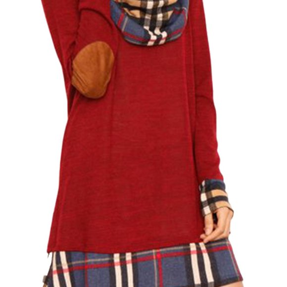 💖Red Plaid Elbow Patch Cowl Neck Dress - Picture 3 of 6